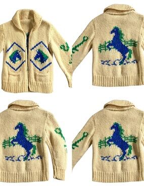 Mary Maxim 1950’s Cowichan sweater in cream with blue/ green horse graphic Youth